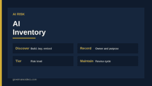 AI inventory register listing systems with owner, purpose, data, supplier, risk tier and review date