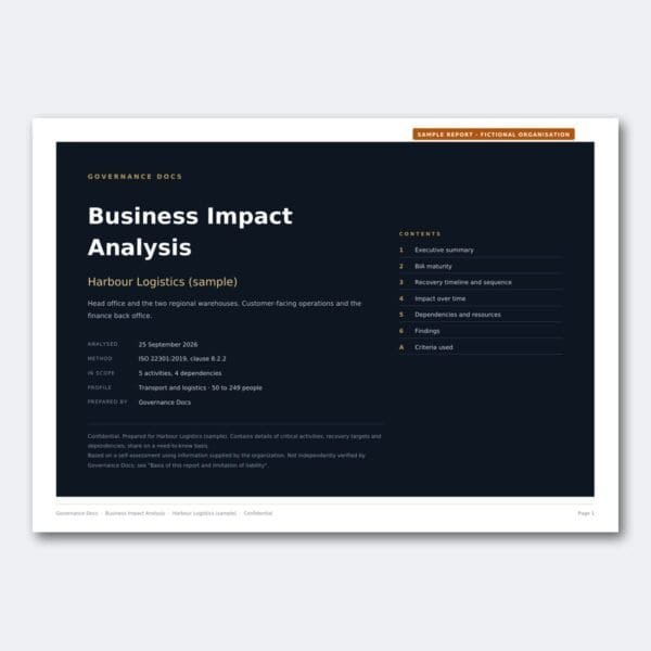 Business Impact Analysis report cover for governance documentation.