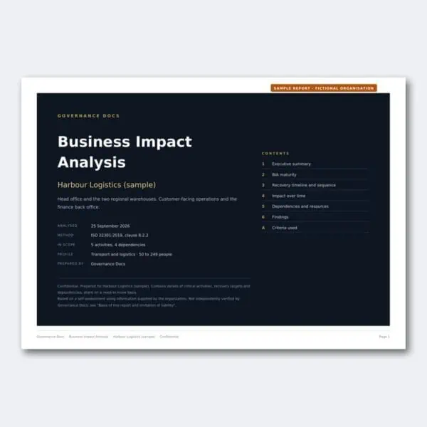 Business Impact Analysis report cover for governance documentation.