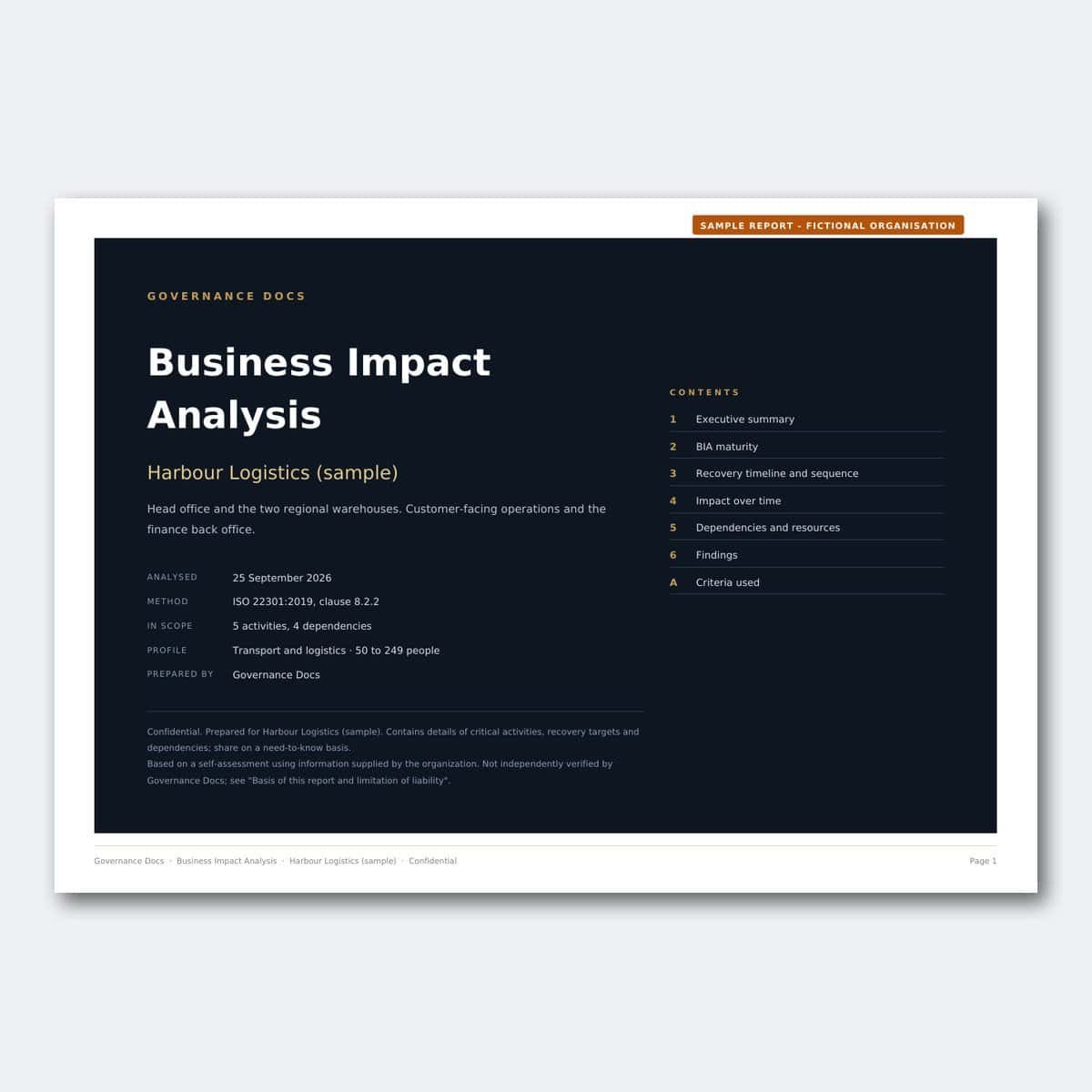 Business Impact Analysis report cover for governance documentation.