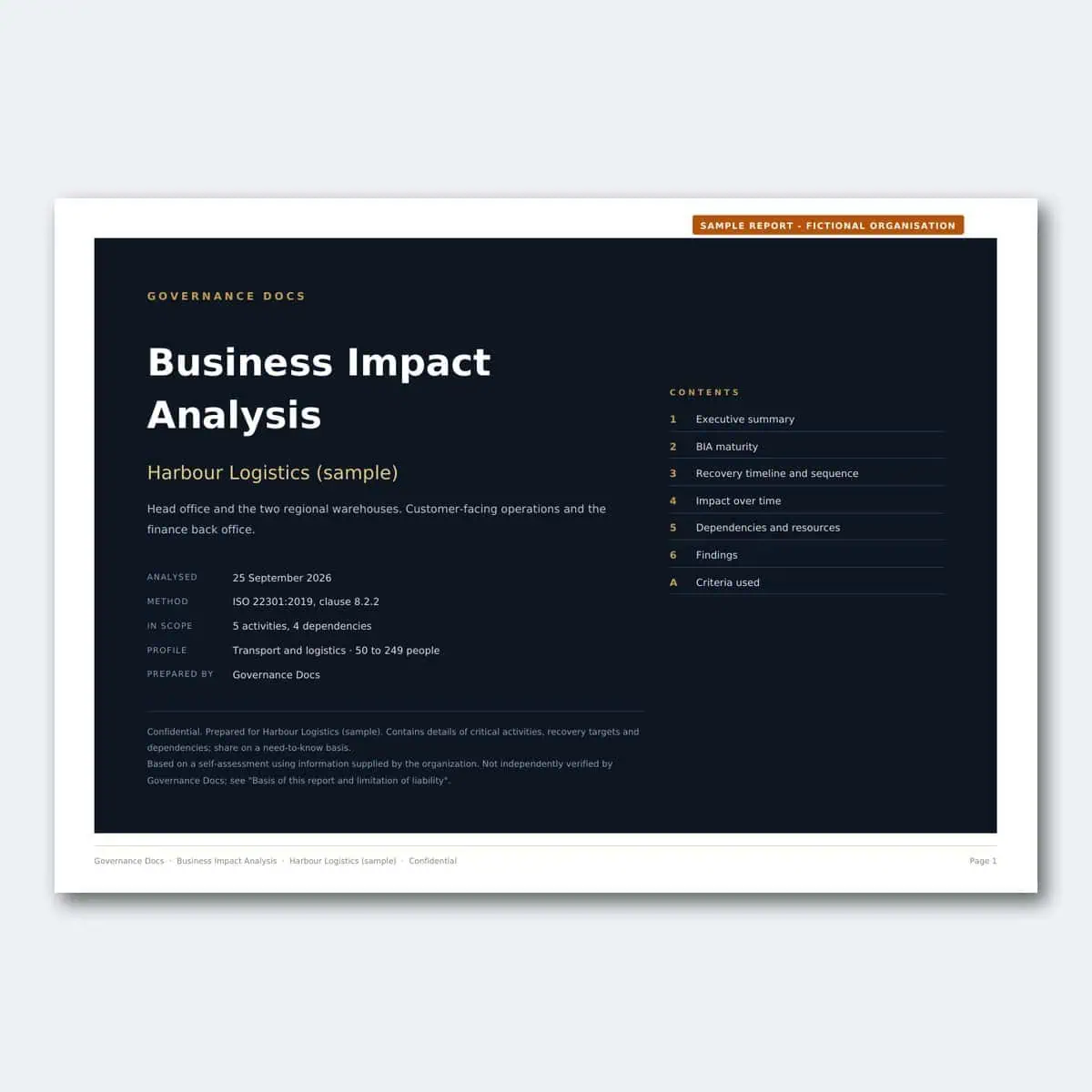 Business Impact Analysis report cover for governance documentation.