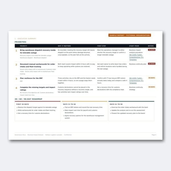 Governance Docs report showing organizational priorities and recovery strategies.