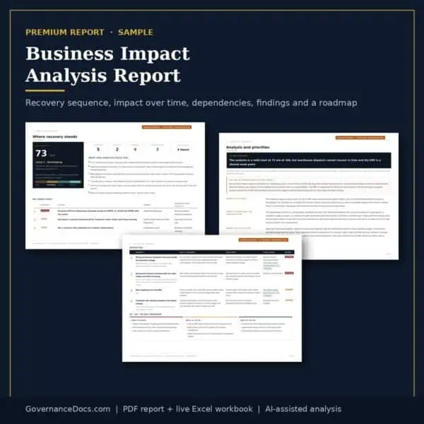 Sample business impact analysis report with recovery sequence and dependencies.