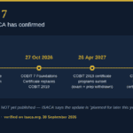 COBIT 7 transition timeline showing the 27 October 2026 certificate changeover and 26 April 2027 COBIT 2019 sunset
