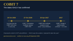 COBIT 7 transition timeline showing the 27 October 2026 certificate changeover and 26 April 2027 COBIT 2019 sunset