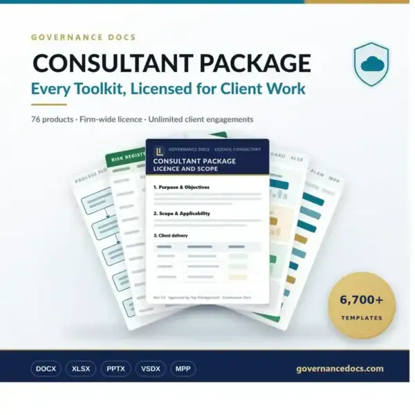 Consultant Package hero image - all 76 Governance Docs toolkits, 6,700+ editable templates licensed for unlimited client work