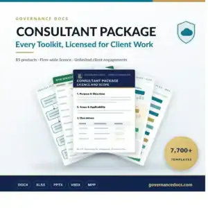 Consultant Package hero image - all 85 Governance Docs toolkits, 7,700+ editable templates licensed for unlimited client work
