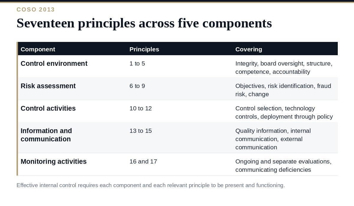 COSO 17 Principles: A Clear Guide to the 5 Components COSO 17 principles grouped under the five components of internal control