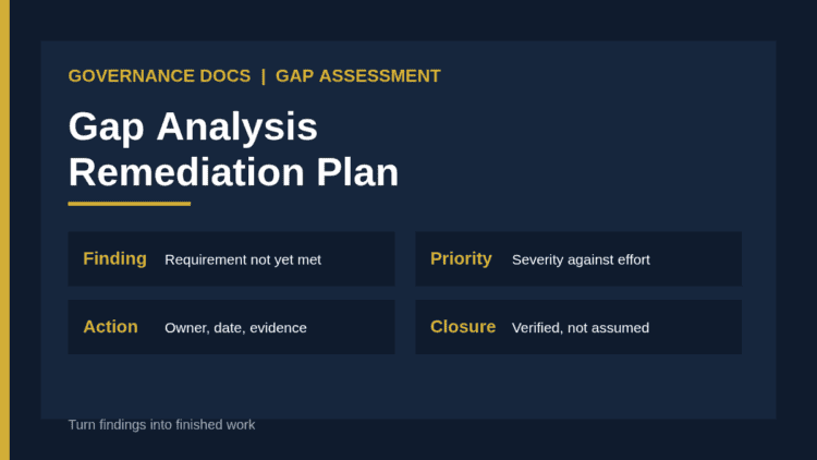 Gap analysis remediation plan: from finding to prioritized action, owner, date and closure evidence