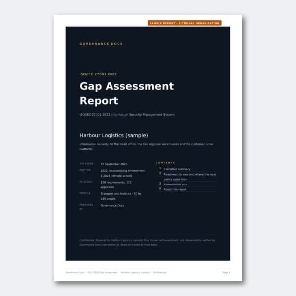 Governance Docs Gap Assessment Report cover page with title and details.