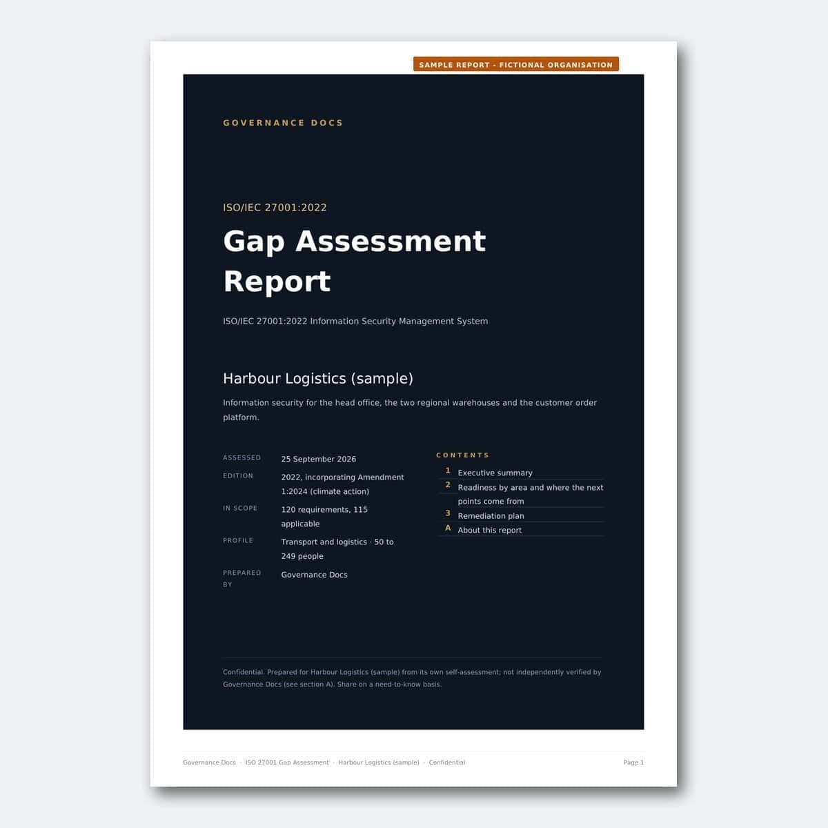 Governance Docs Gap Assessment Report cover page with title and details.