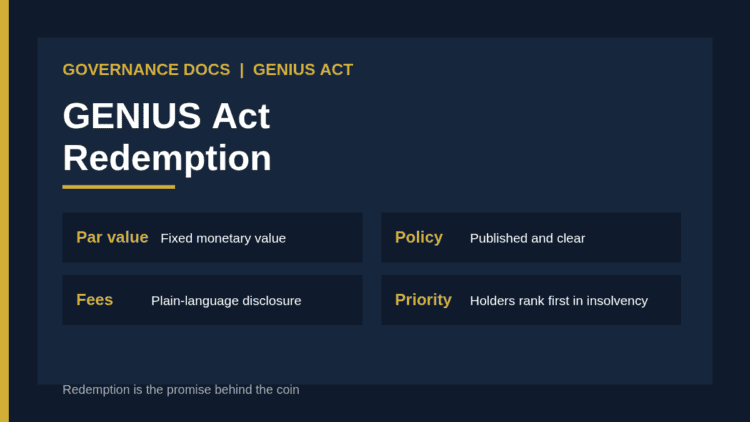 GENIUS Act redemption: par redemption, public redemption policy, fee disclosure and proposed timing rules