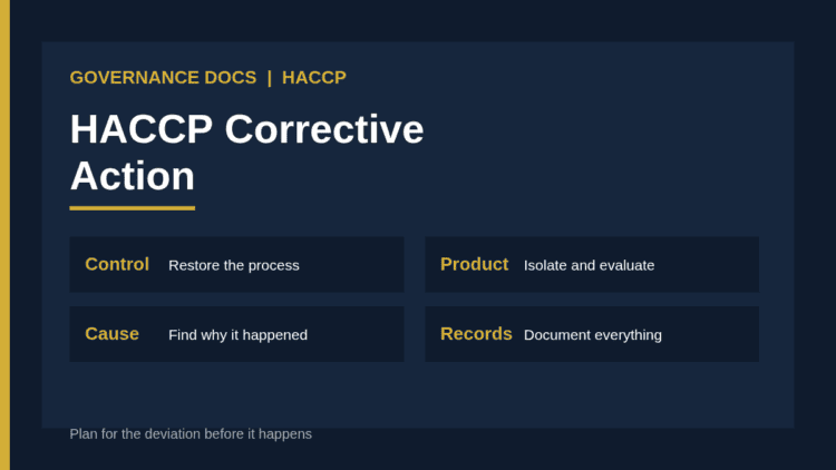 HACCP corrective action: restore control, isolate product, find the cause, prevent recurrence and keep records
