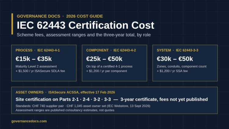 IEC 62443 certification cost infographic: process, component and system assessment ranges, ISASecure scheme fees and the ACSSA asset owner scheme