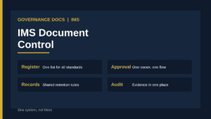 IMS document control: one register, approval flow and retention rule shared across management system standards