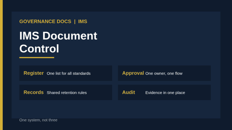 IMS document control: one register, approval flow and retention rule shared across management system standards