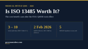 Infographic answering is ISO 13485 worth it in 2026 with audit days, QMSR date and MDSAP regulators