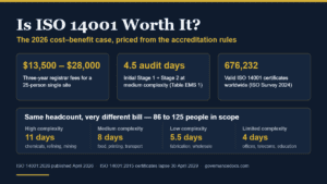 Is ISO 14001 worth it — 2026 cost-benefit infographic showing three-year registrar fees, audit days and certificate numbers