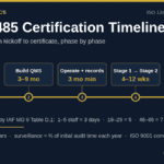 ISO 13485 certification timeline infographic: 6–18 months from kickoff to certificate, phase by phase