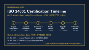 ISO 14001 certification timeline 2026: six phases from scope to certificate with Global ACI transition dates