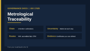 ISO 17025 metrological traceability: unbroken chain of calibrations from laboratory measurement to SI units