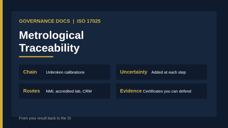 ISO 17025 metrological traceability: unbroken chain of calibrations from laboratory measurement to SI units