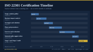 ISO 22301 certification timeline chart showing each BCMS phase in weeks from scope to Stage 2 audit
