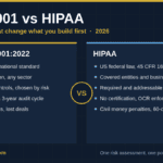 ISO 27001 vs HIPAA infographic comparing the voluntary ISO/IEC 27001:2022 standard with the HIPAA federal law on scope, controls, proof and consequences