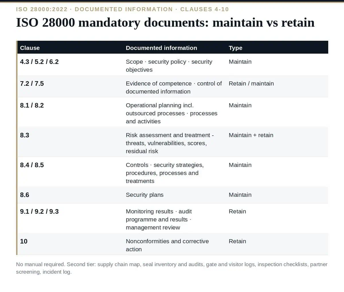 ISO 28000 Mandatory Documents: The Complete Clause-by-Clause List ISO 28000 mandatory documents: maintain the system, retain the evidence