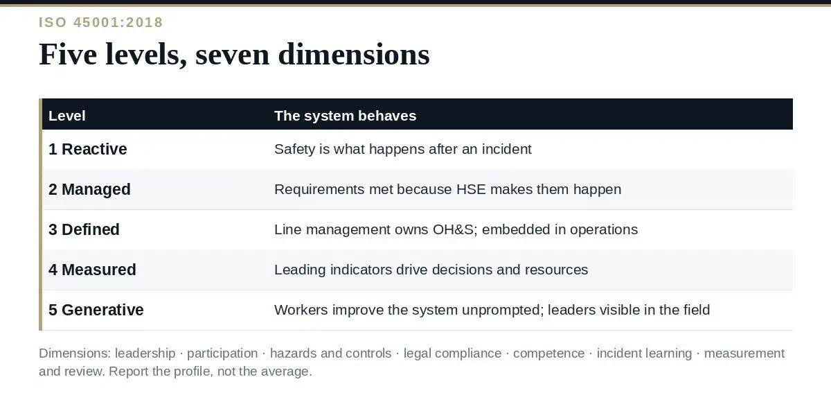 ISO 45001 Maturity Assessment: A Clear Guide to 5 Levels ISO 45001 maturity assessment: five levels across seven dimensions