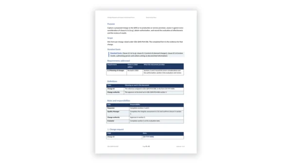 ISO 9001 Toolkit for ISO 9001:2026 sample: GDL-QMS-PLN-007 - Change Request and Impact Assessment Form