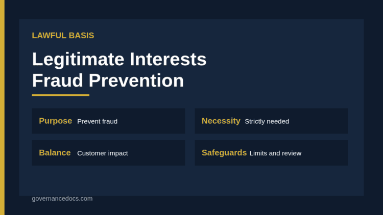 Legitimate interests fraud prevention assessment covering purpose necessity and balance
