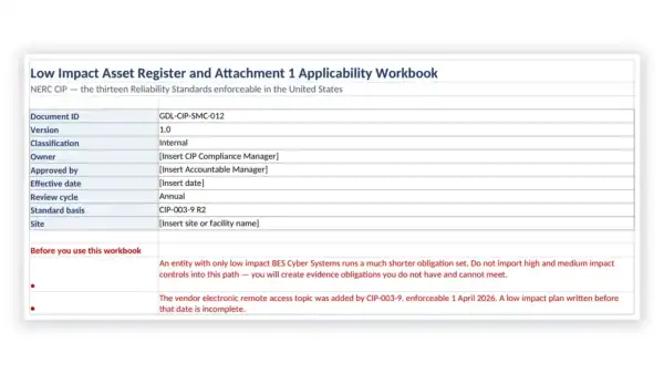NERC CIP Toolkit sample — GDL-CIP-SMC-012 Low Impact Asset Register and Attachment 1 Applicability Workbook