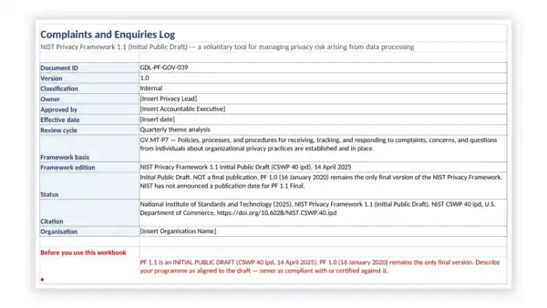 NIST Privacy Framework Toolkit — complaints and enquiries log (GDL-PF-GOV-039)