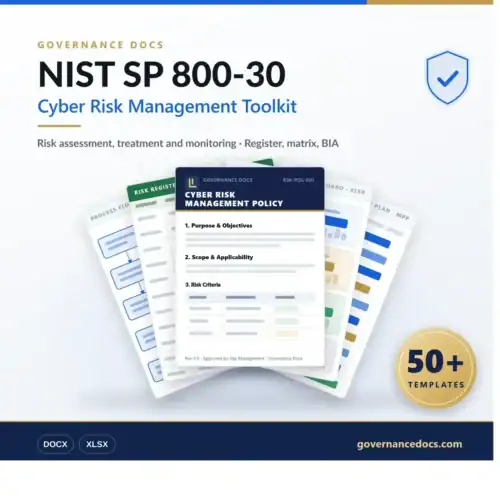 Cyber Risk Management Toolkit built on NIST SP 800-30, showing risk assessment templates and a risk register.