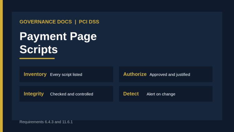 PCI DSS payment page scripts: inventory, authorization, integrity and change detection under requirements 6.4.3 and 11.6.1