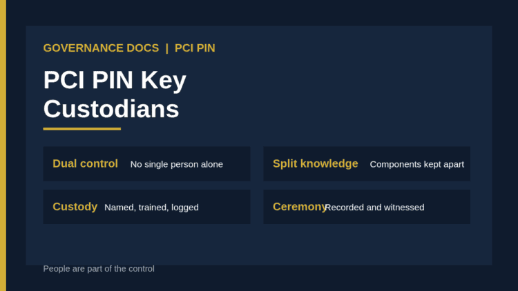 PCI PIN key custodians applying dual control and split knowledge to key components and shares