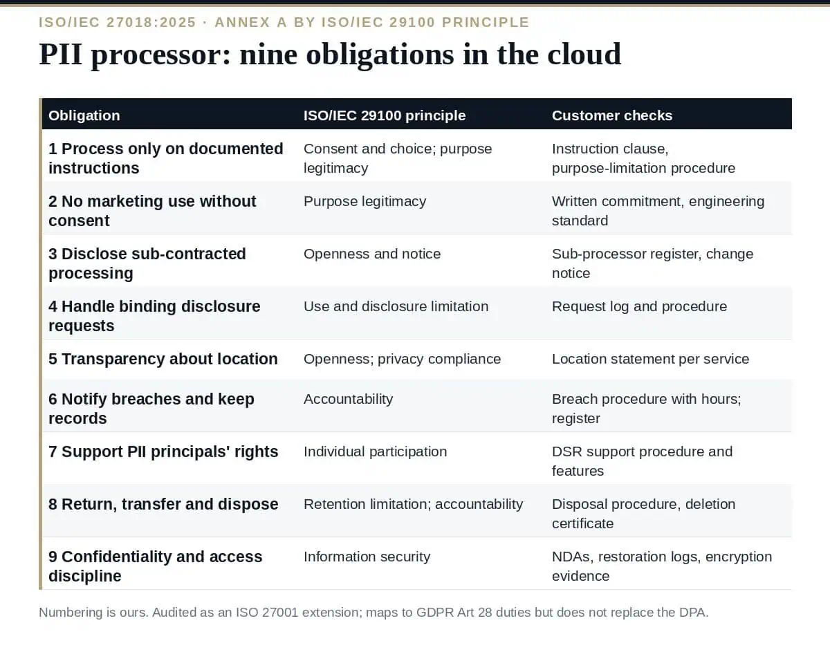 PII Processor: 9 Essential ISO 27018 Obligations in the Cloud PII processor obligations under ISO 27018:2025: nine duties by ISO/IEC 29100 principle
