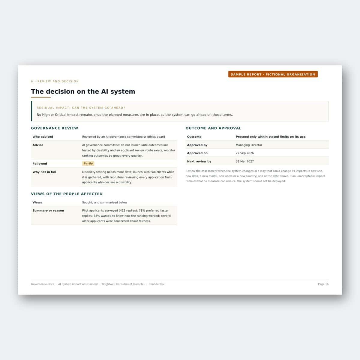 AI impact assessment decision, governance review and views of the people affected