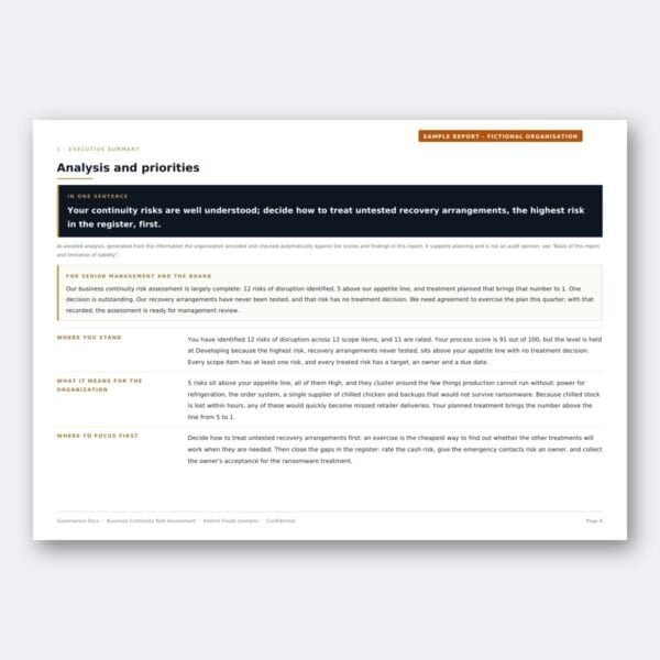 Business Continuity Risk Assessment – Analysis and priorities