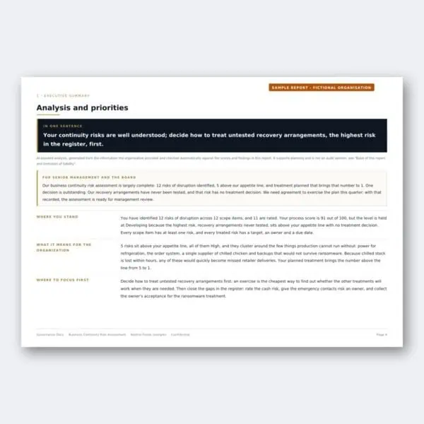 Business Continuity Risk Assessment – Analysis and priorities