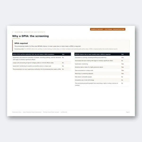 DPIA screening process for governance and data protection compliance.
