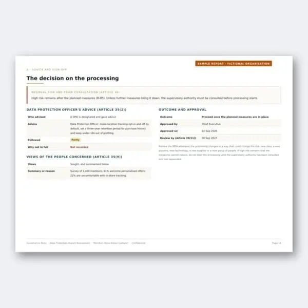 Governance Docs decision on processing with data protection advice and approval details.