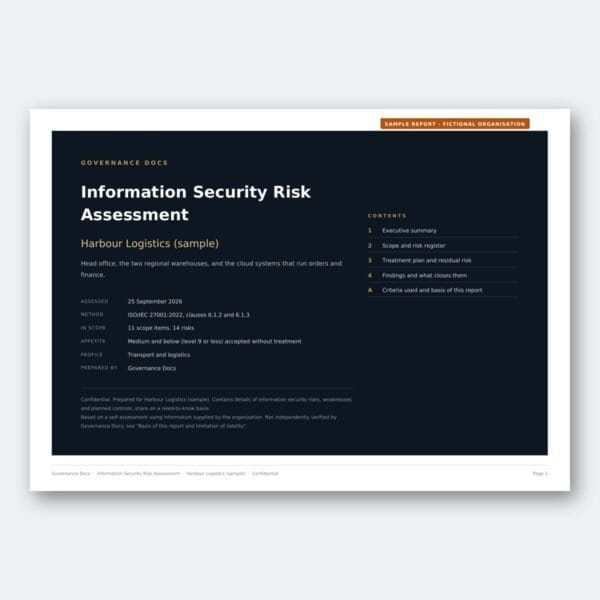 Sample report cover page for governance and security risk assessment.