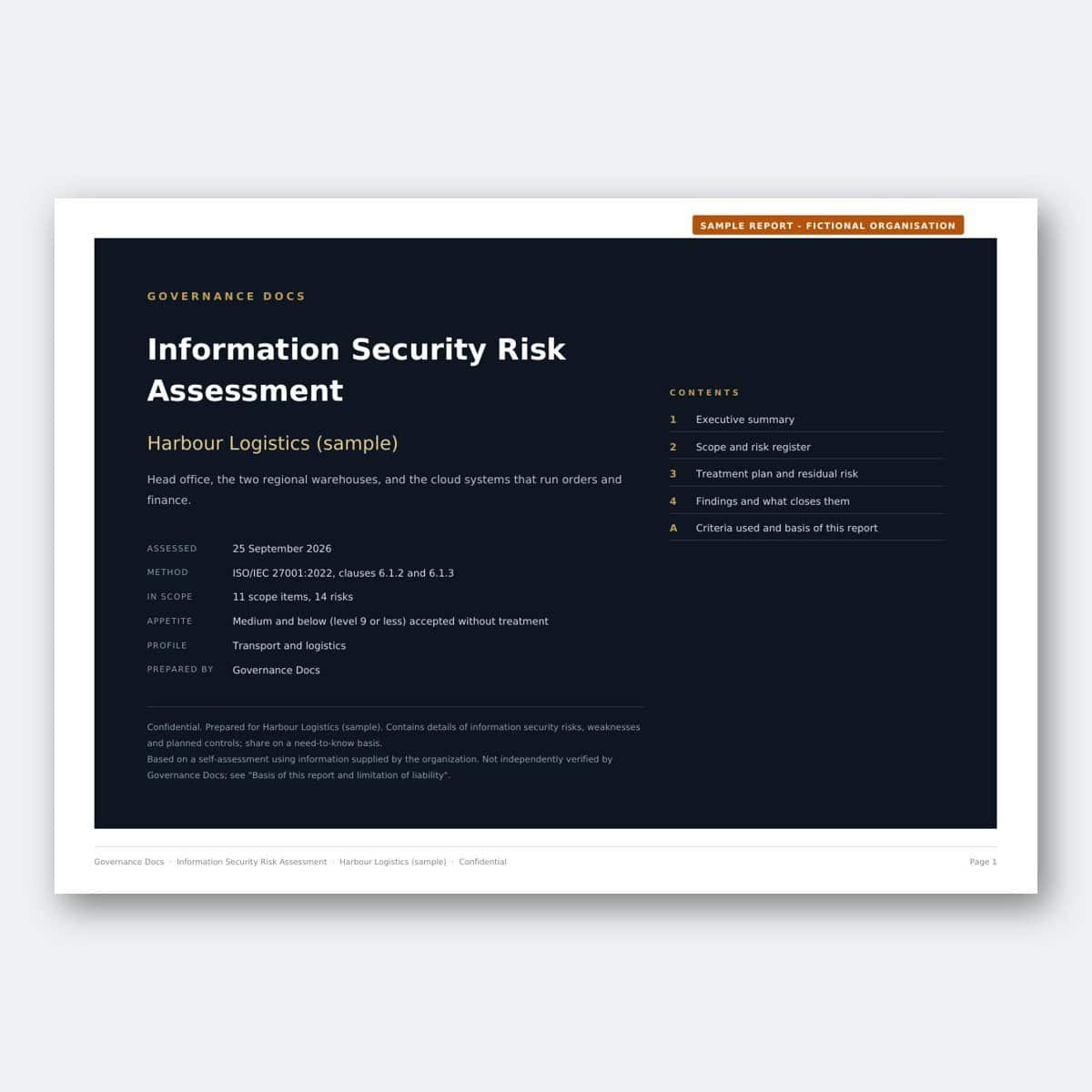 Sample report cover page for governance and security risk assessment.