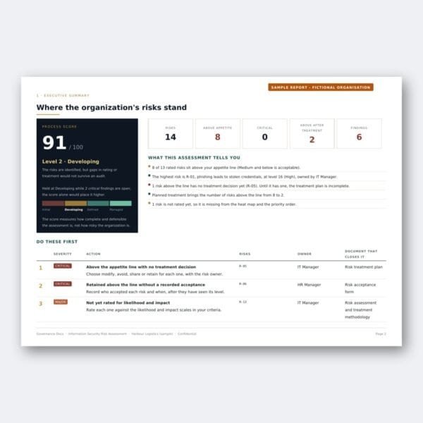 Organizational risk assessment dashboard with scores and action plans.