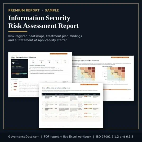 Detailed information security risk assessment report with heat maps and treatment plans.
