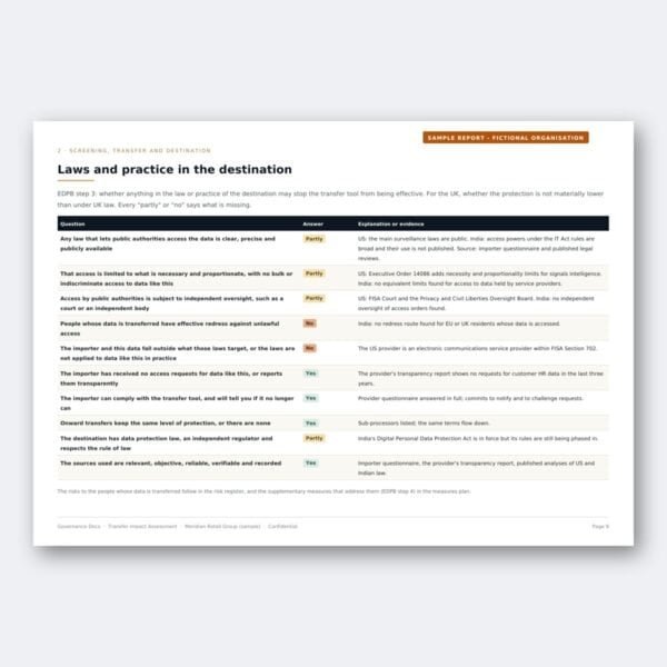 Transfer impact assessment: laws and practice in the destination