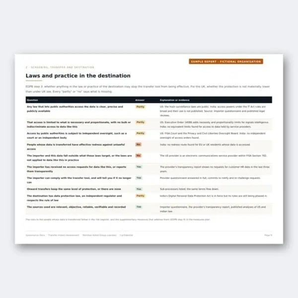 Transfer impact assessment: laws and practice in the destination