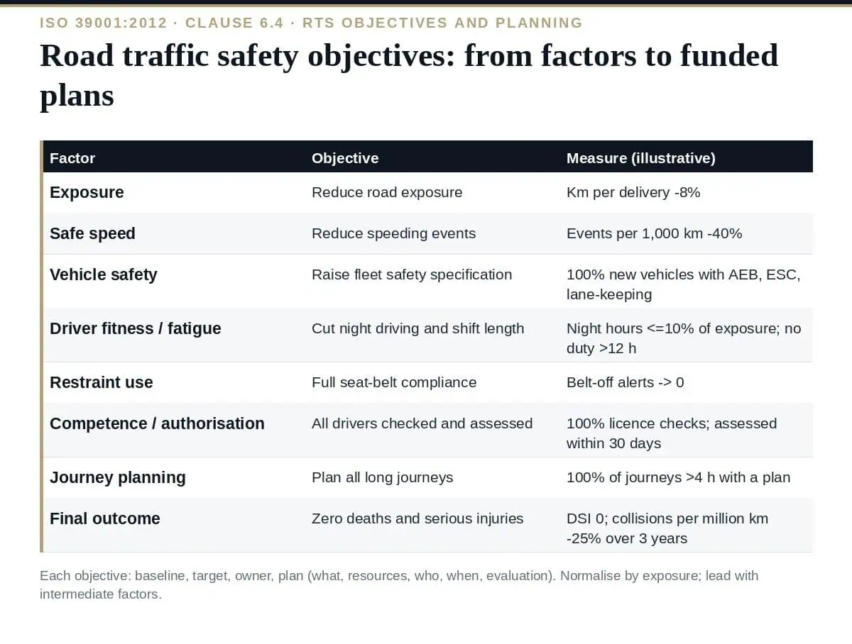 Road Traffic Safety Objectives: A Complete ISO 39001 Guide (2026) Road traffic safety objectives under ISO 39001 clause 6.4: from factors to funded plans